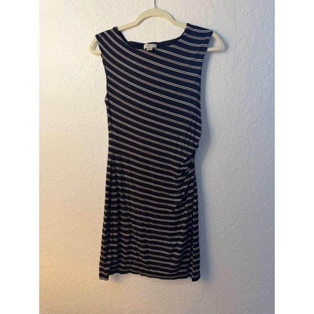 Ann Taylor LOFT Petites Navy Stripe Asymmetric Neck Ruched Sheath Dress Size SP